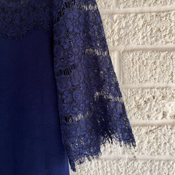 Navy Blue 3/4 Length Lace Sleeve Shirt - Picture 3 of 6